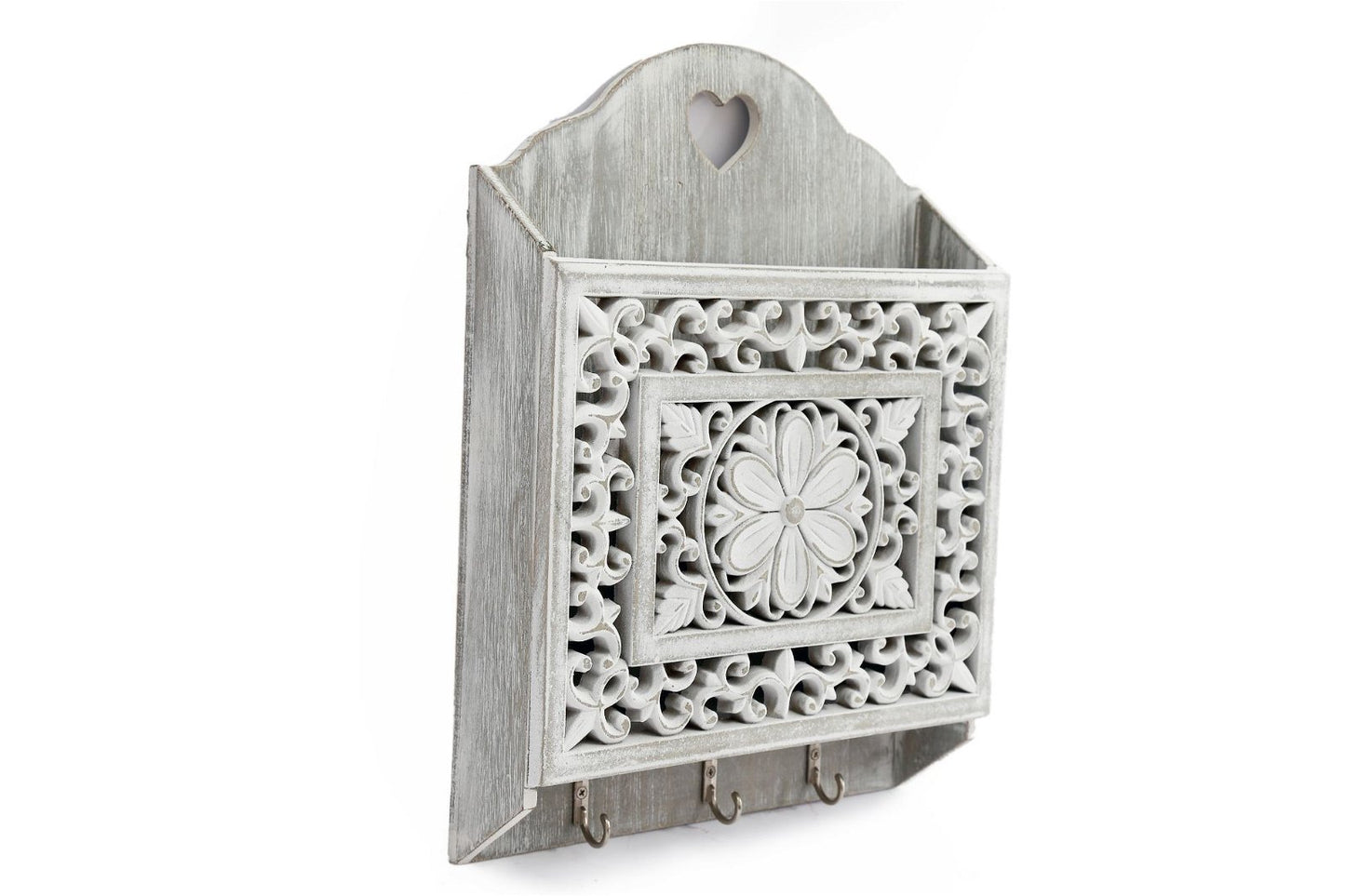 Grey Wooden 3 Hook Key Holder With Cutout Pattern Shelf S-KG1062