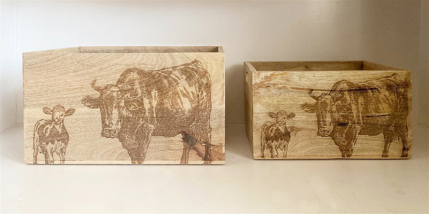 Set Of Two Engraved Cow Crates S-KG1069