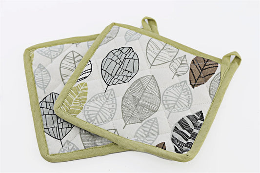 Two Fabric Pot or Pan Mats With Contemporary Green Leaf Print Design S-KG1090