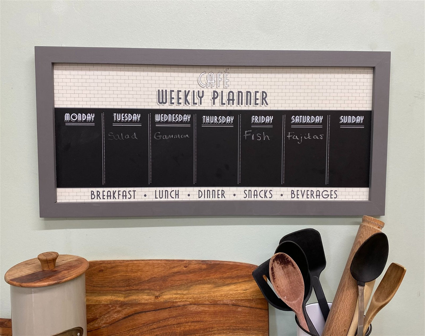 Bistro Cafe Wooden Grey Chalkboard Week Planner 67cm S-KG1174