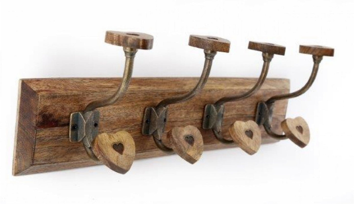 Mango Wood Heart 4 Double Coat Hooks S-KG2008