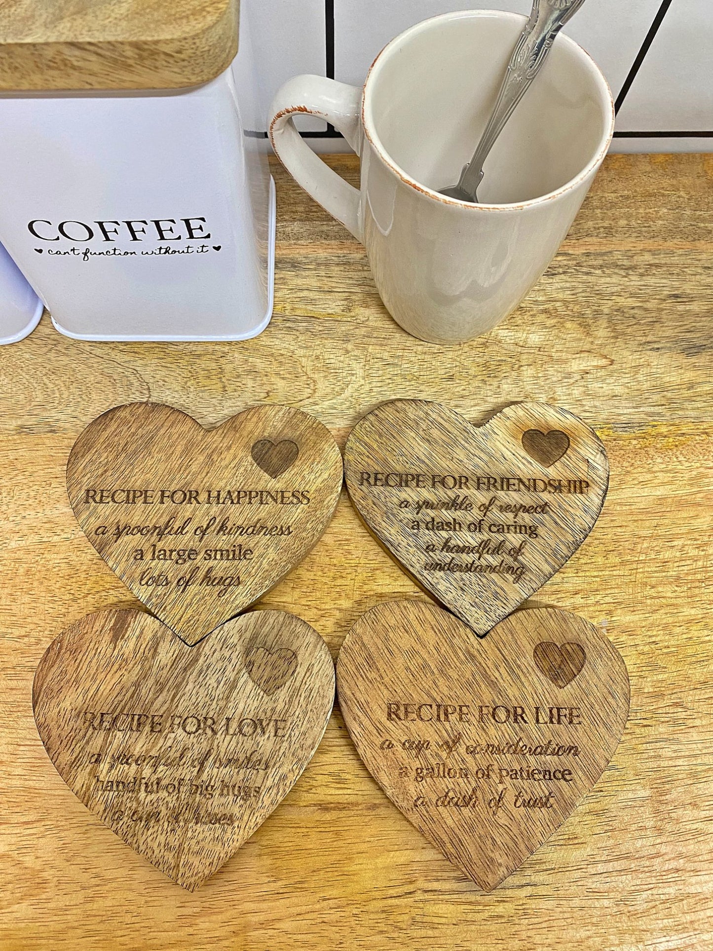 Set of 4 Wooden Heart Shaped Coasters S-KG2048