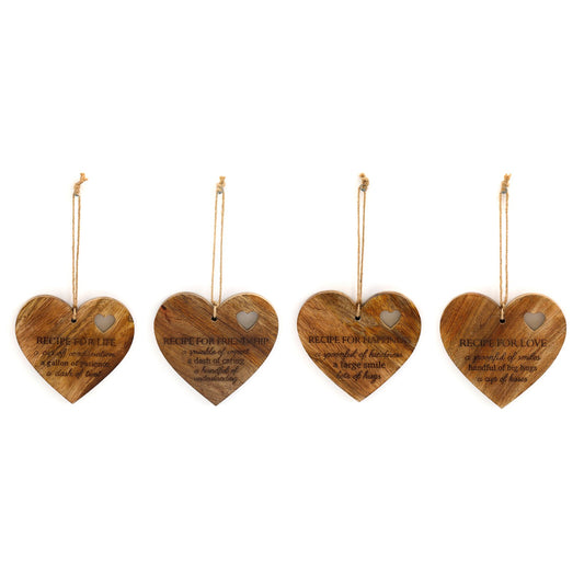 Set of 4 Wood Hanging Black Etched Life Recipe Heart Plaque S-KG2049