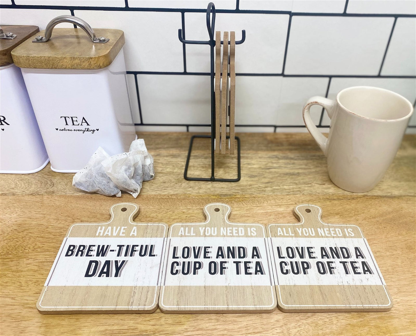 Set of Six Tea Slogan Coasters On Metal Stand S-KG2061-T