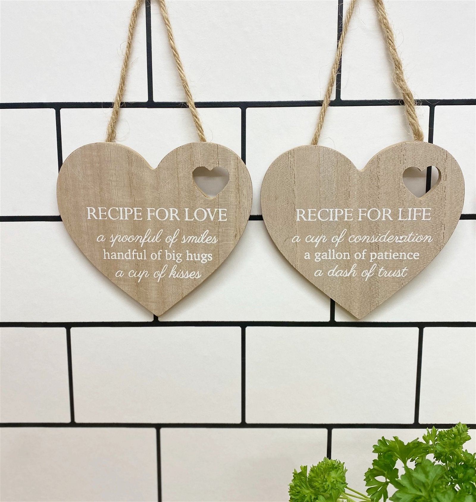 Set of 4 Wood Hanging White Etched Life Recipe Heart Plaque S-KG2065