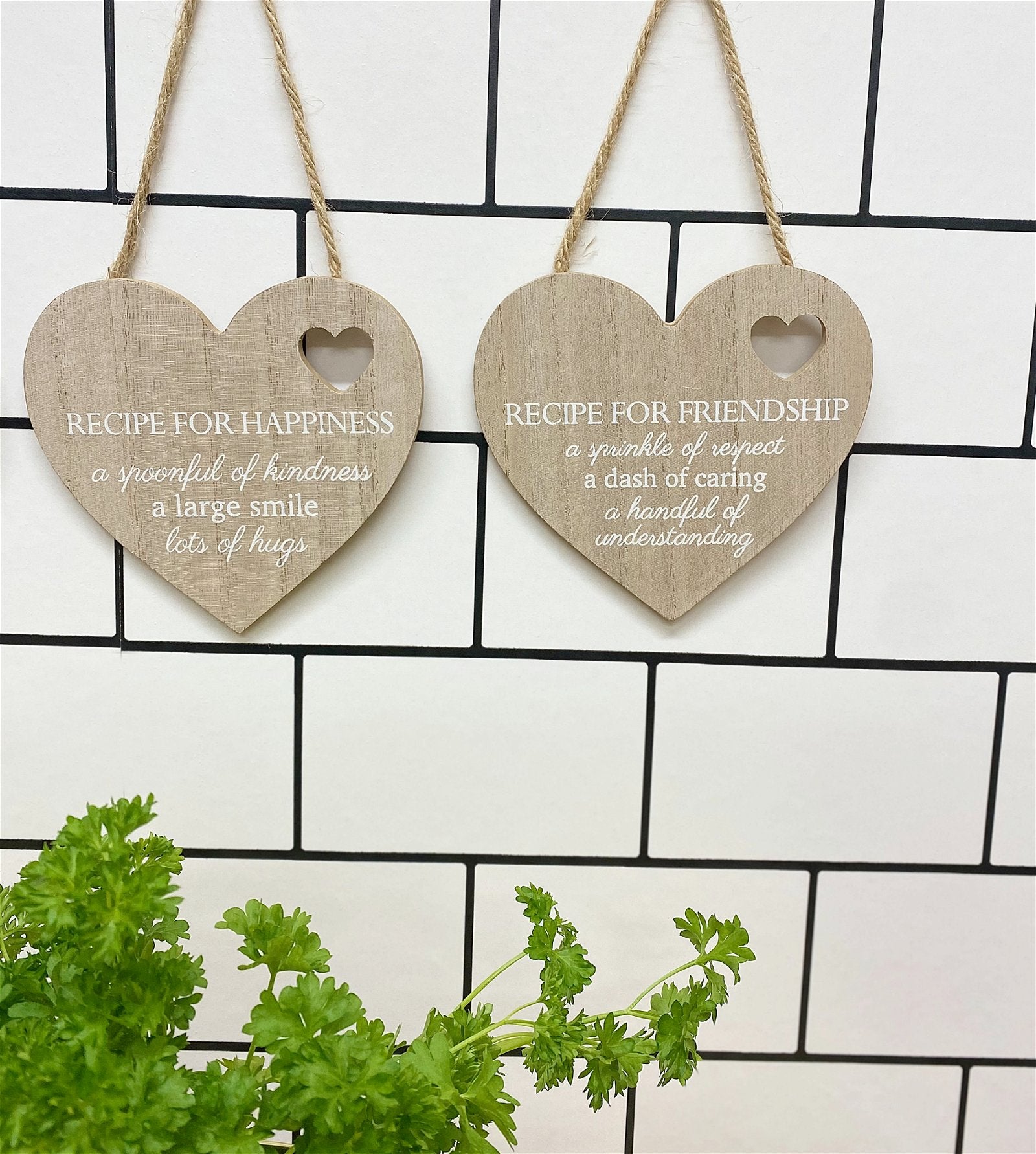 Set of 4 Wood Hanging White Etched Life Recipe Heart Plaque S-KG2065