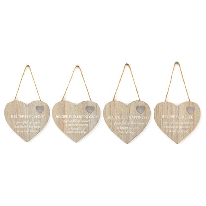 Set of 4 Wood Hanging White Etched Life Recipe Heart Plaque S-KG2065