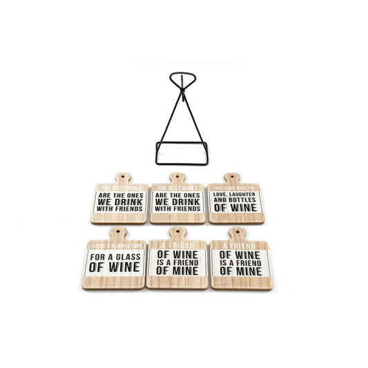 Set of Six Wine Slogan Coasters On Metal Stand S-KG3004