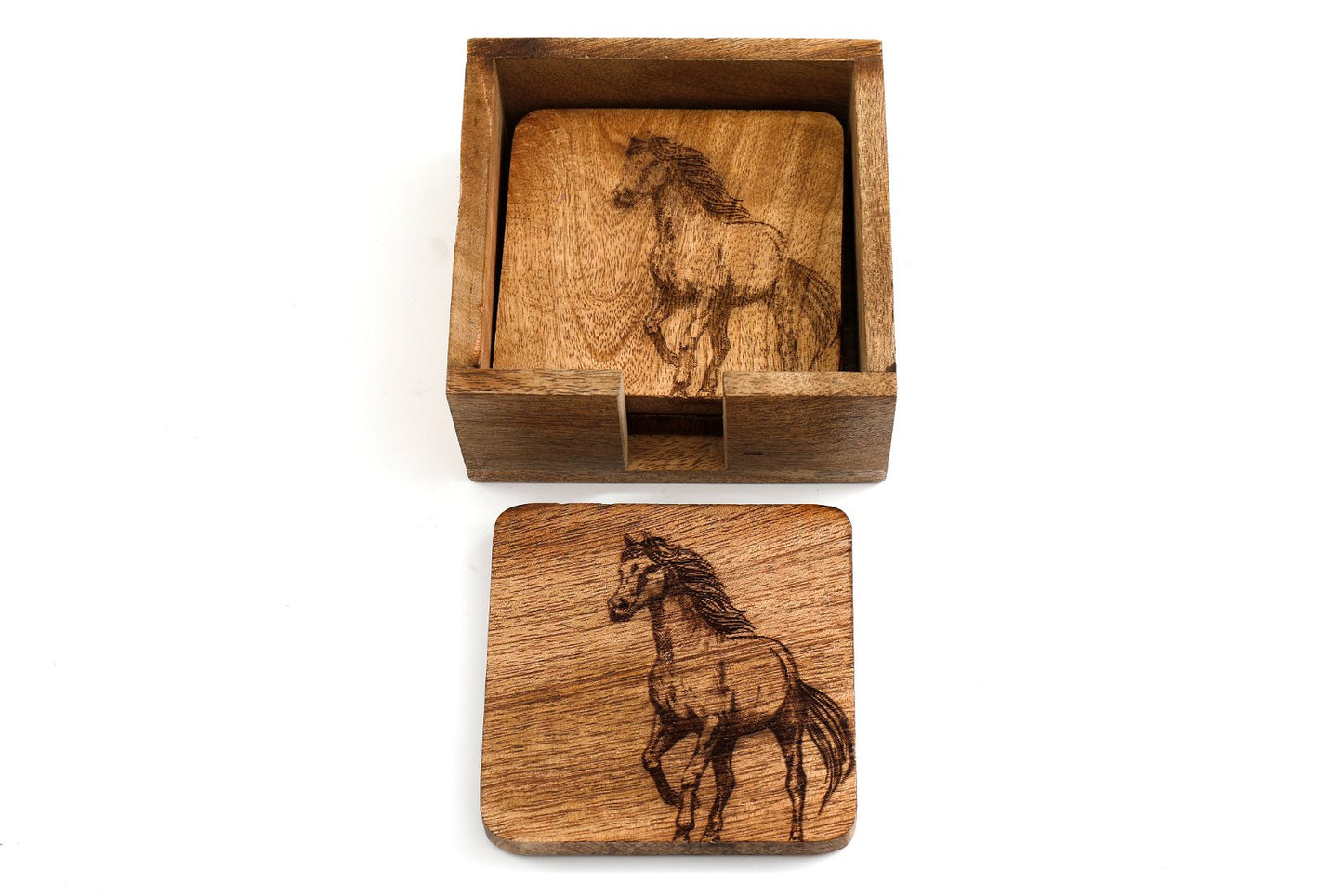 Set Of Four Wooden Engraved Horse Coasters S-KG3025