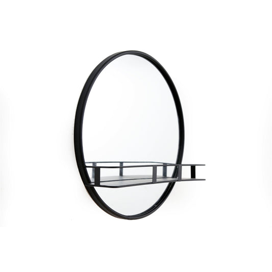 Circular Black Metal Framed Mirror With Shelf S-MI0852