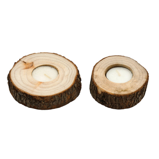 Set of Two Wooden Tealight Holders with Bark Detail S-NI2024