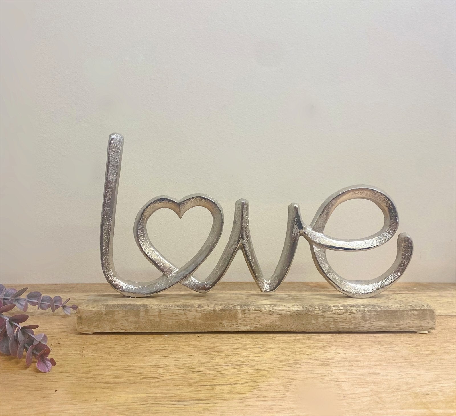 Metal Silver Love Ornament On A Wooden Base S-OR1456-L