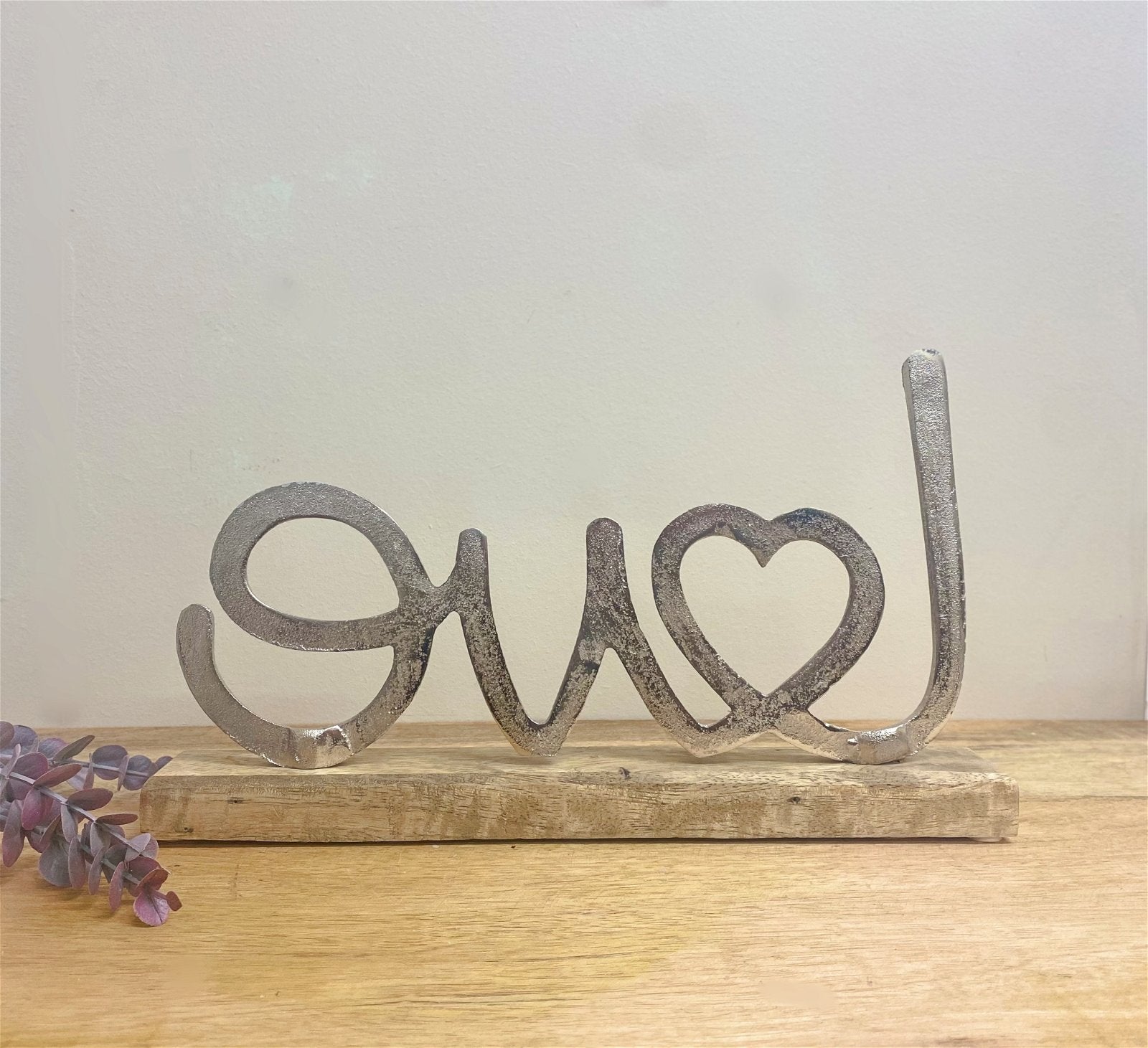 Metal Silver Love Ornament On A Wooden Base S-OR1456-L