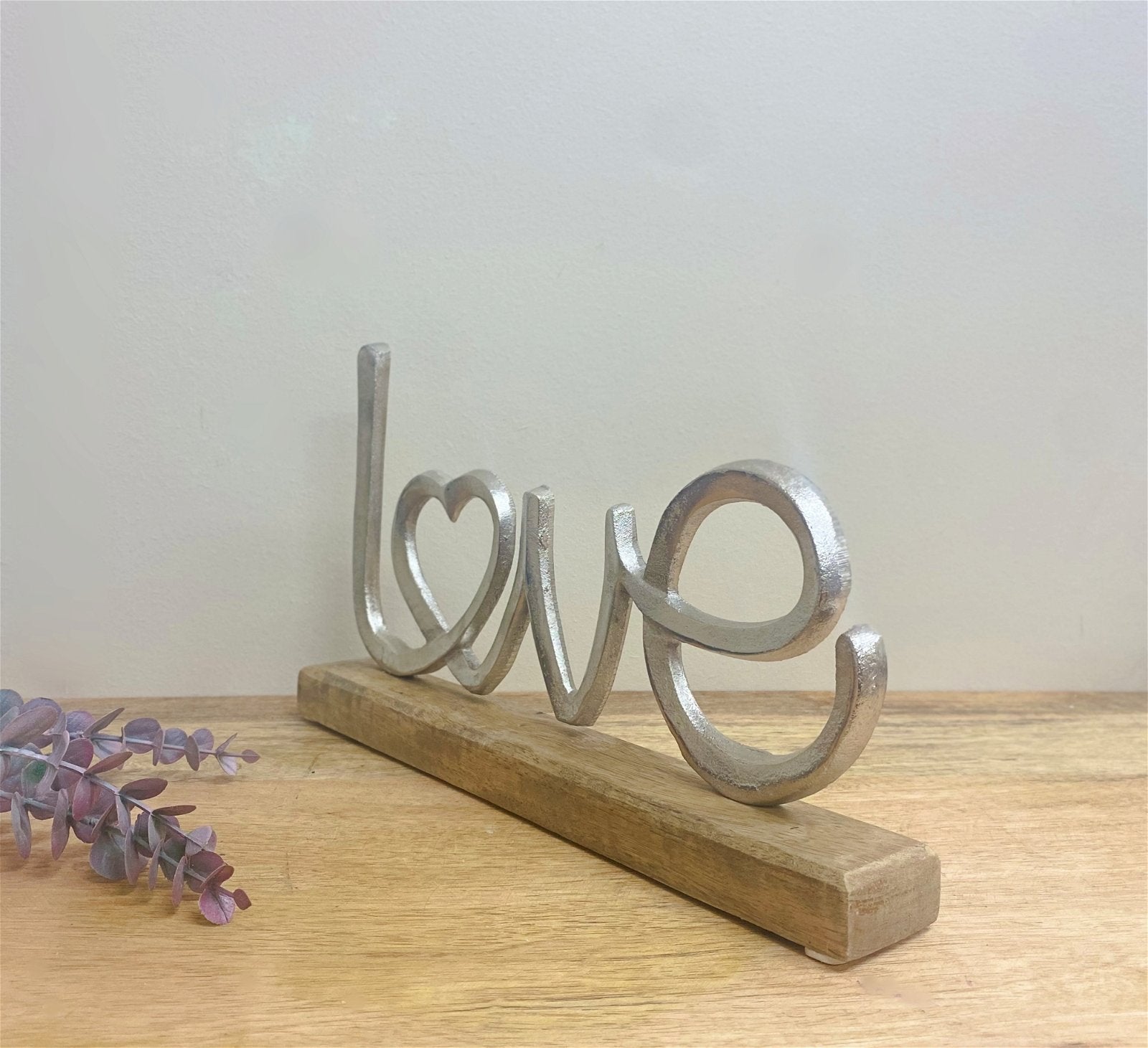 Metal Silver Love Ornament On A Wooden Base S-OR1456-L