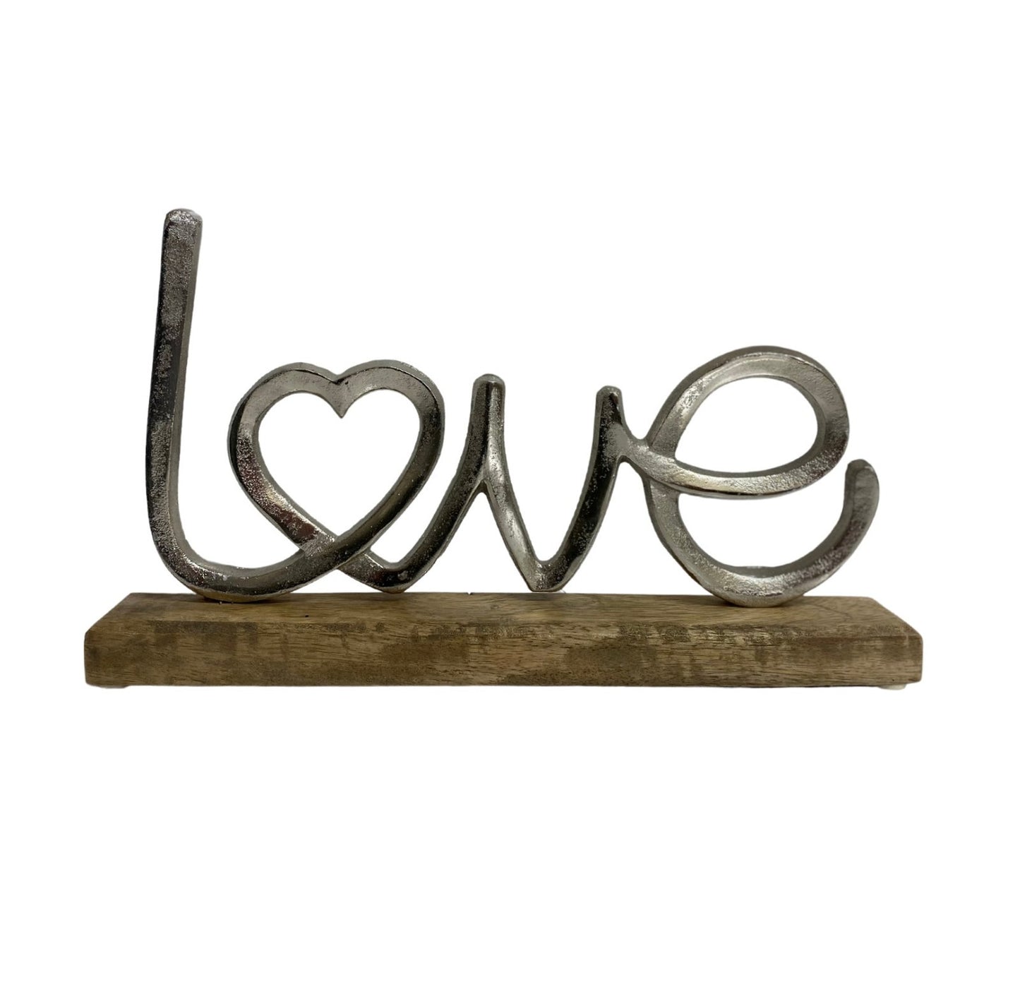 Metal Silver Love Ornament On A Wooden Base S-OR1456-L