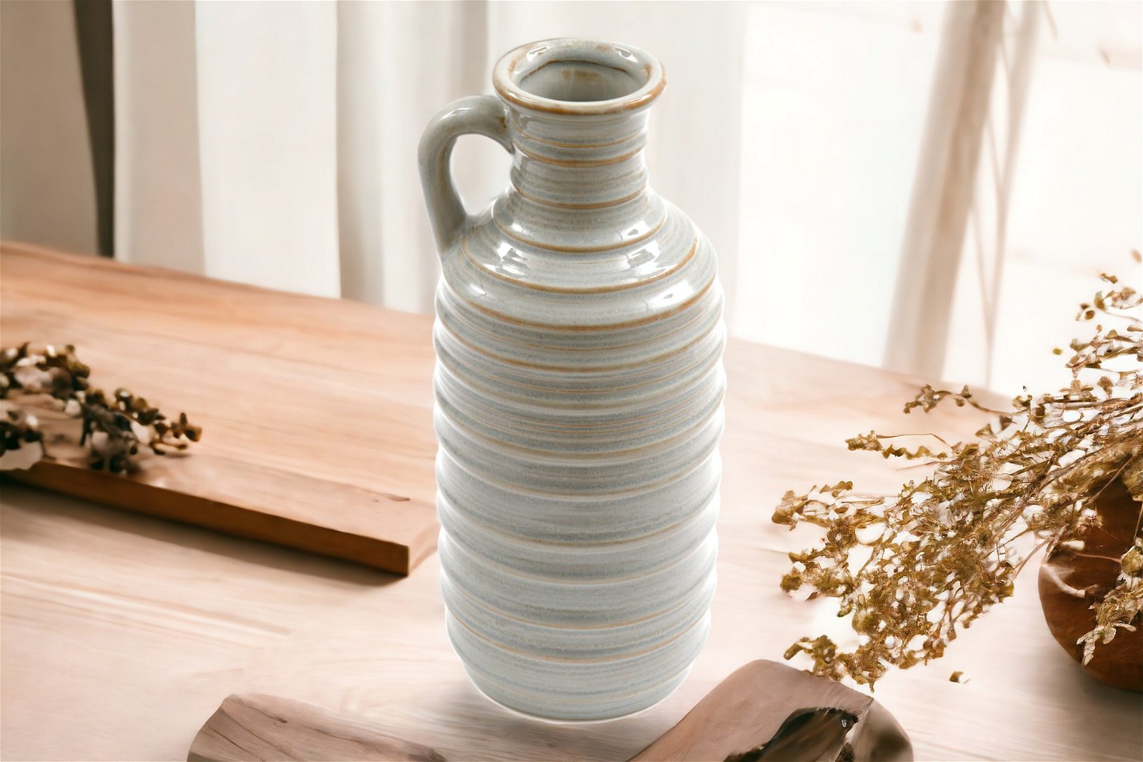 Ceramic Grey Ribbed Vase With Handle 27cm S-OR6190