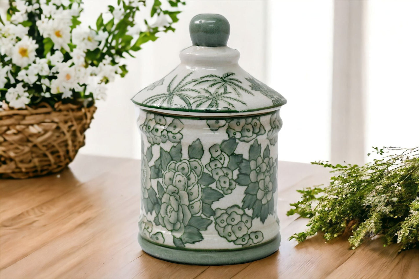 Ceramic Green Parrot Palm Willow Urn Jar With Lid 16cm S-OR6497