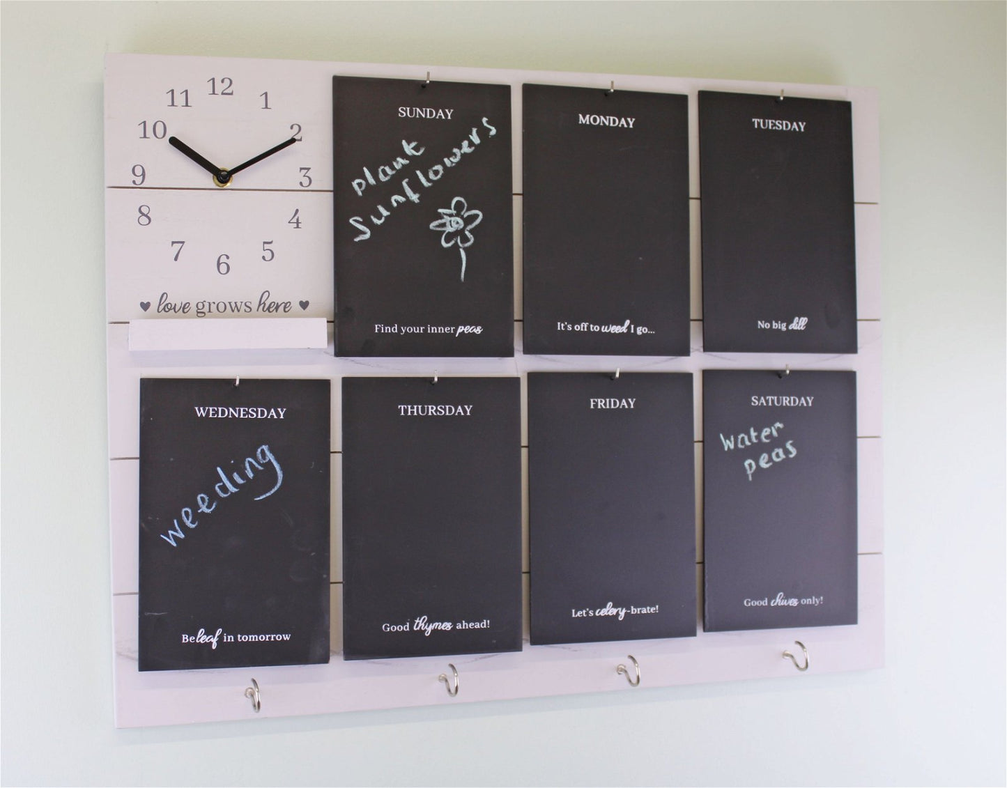 Potting Shed Weekly Reminder Chalkboard With Clock & Hooks, White S-PS0001-W