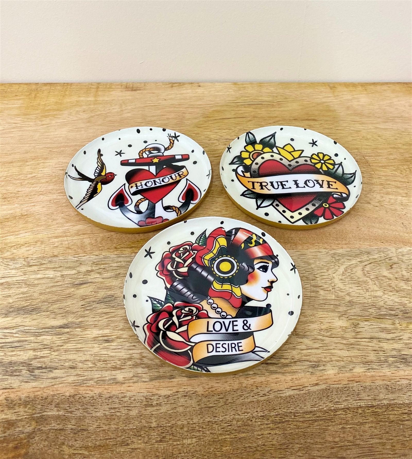 Set of Three Metal Retro Tattoo Design Coasters S-TJP0038