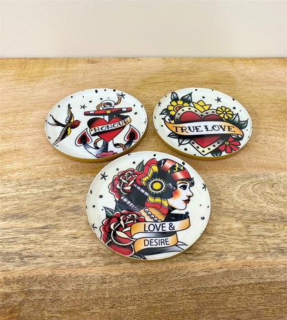 Set of Three Metal Retro Tattoo Design Coasters S-TJP0038