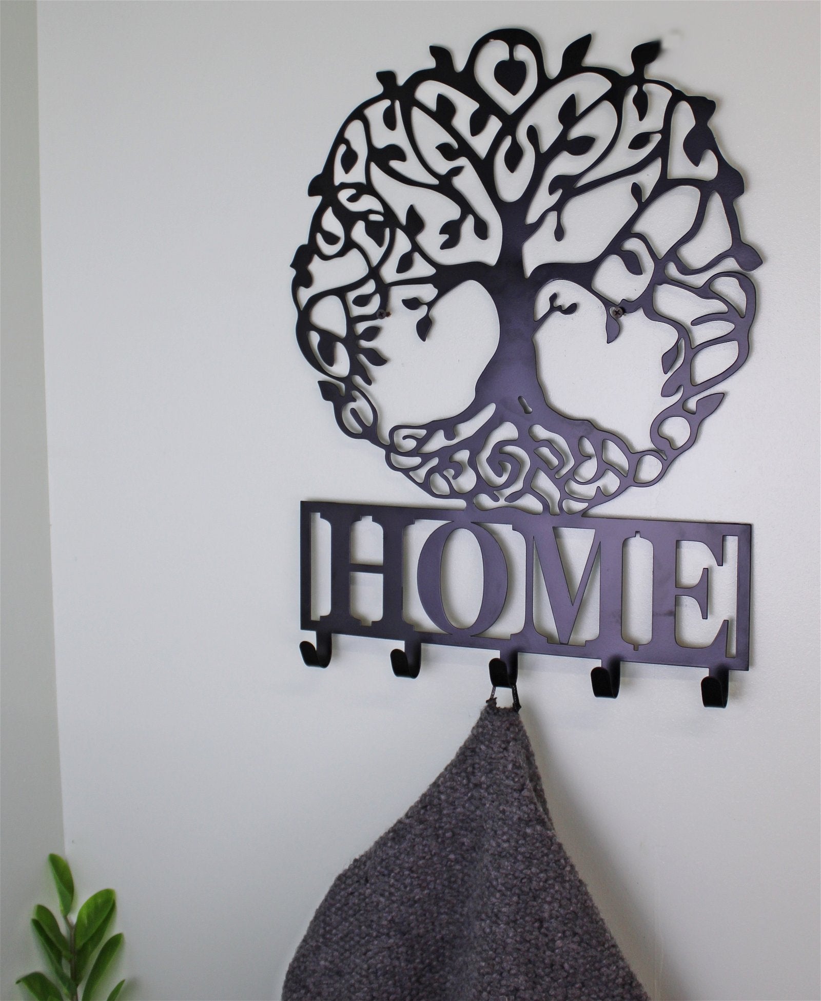 Black Metal Wall Plaque Tree of Life Featuring Hooks S-TL0037