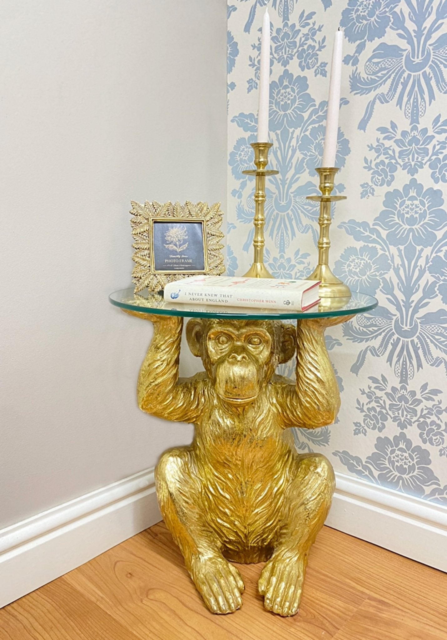 Gold Chimp With Glass Top Side Table S-WF2458