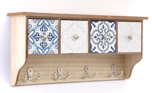 Wooden Blue Wall Shelf With 4 Drawers & Hooks 46cm S-SR0090