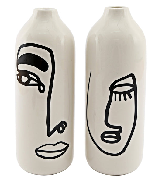 Set of 2 Monochrome Face Ceramic Vases S-TJN0376