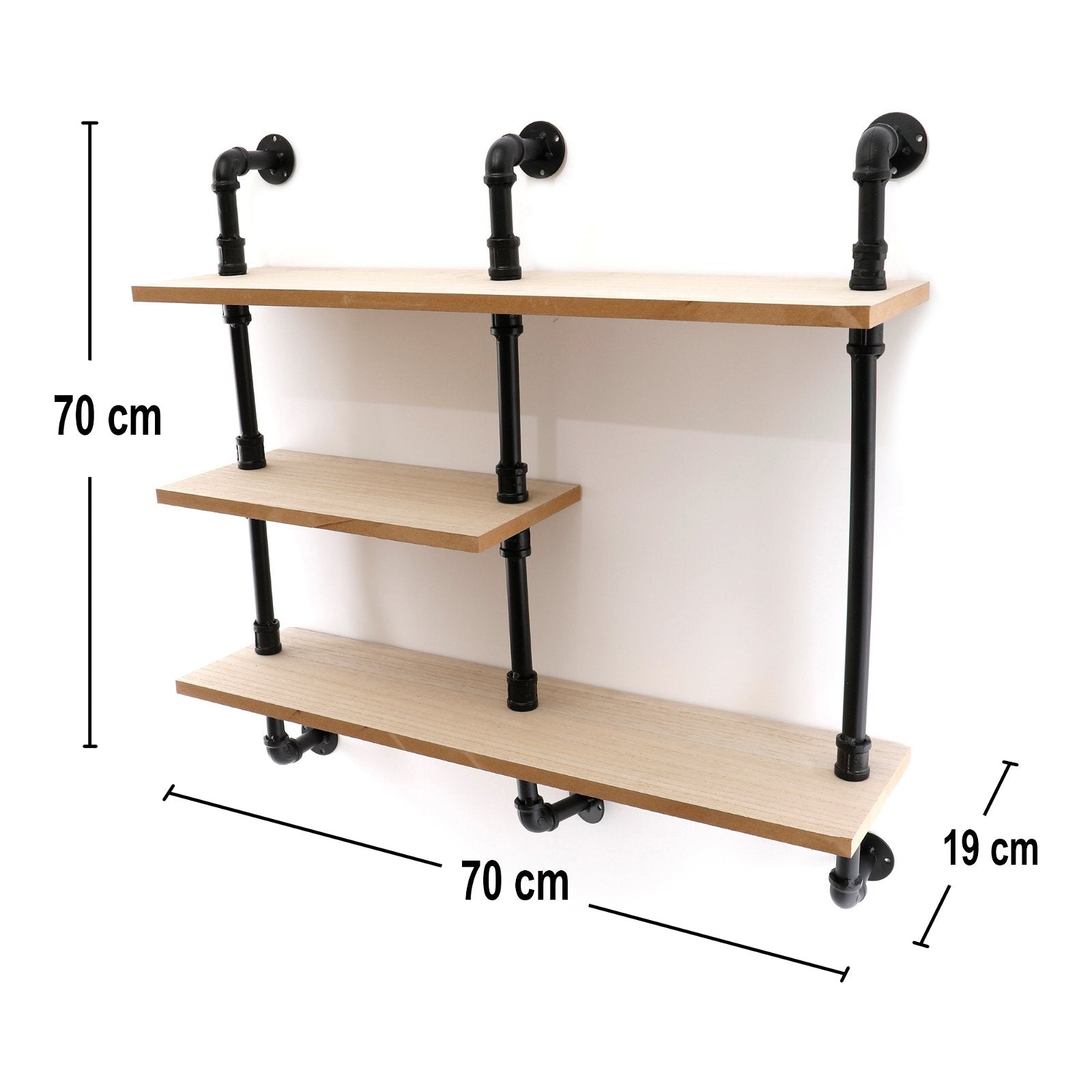 Black Pipe & Wooden Shelves 70.5cm S-WF2512