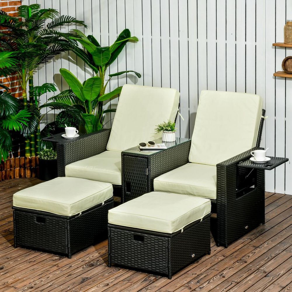 5-level Adjustable Rattan Sun Lounger w/ Storage Tea Table & Footstools, Balck S0671114989