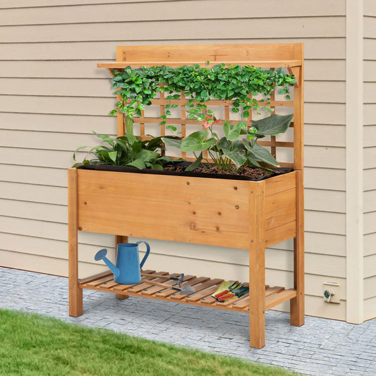 105x40x135cm Wooden Planter Raised Elevated Bed Planter Flower with 2 Shelves S067941676