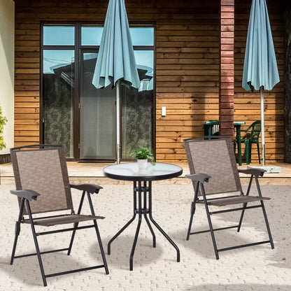 3 PCS Patio Furniture Bistro Set with Folding Chairs Tempered Glass Table Brown S0671096954