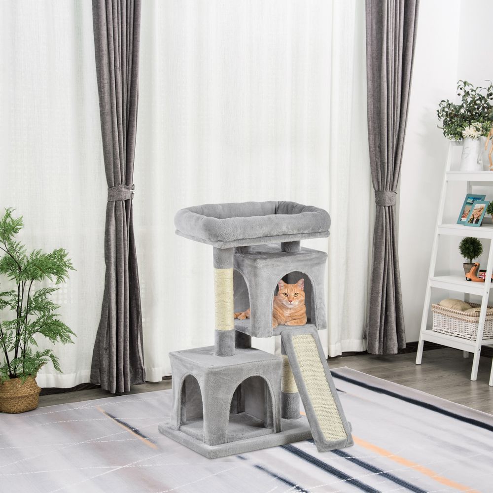 Cat Rest & Play Activity Tree w/ 2 House Cushion Perch Scratching Post Grey S0671071175