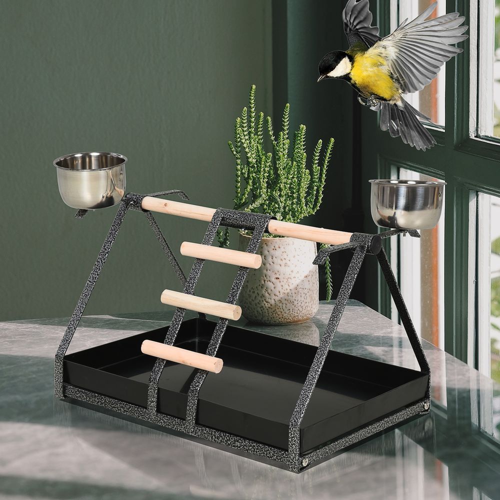 Portable Bird Stand Resting Stainless Steel Base Perch Ladder Bowls S0671081174