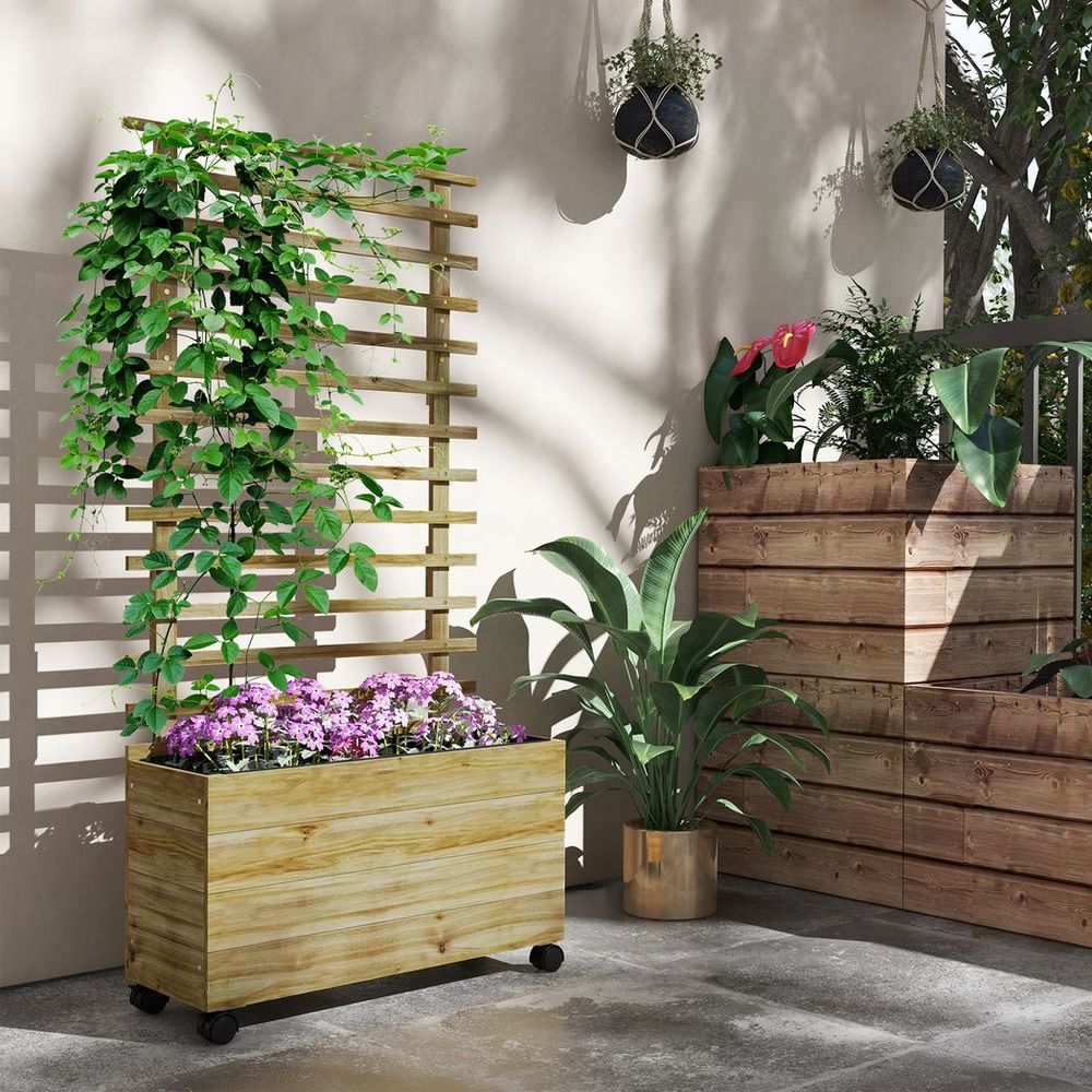 Outsunny Garden Wooden Trellis Planter Box Raised Bed w/ 4 Wheels, Natural S0671383585