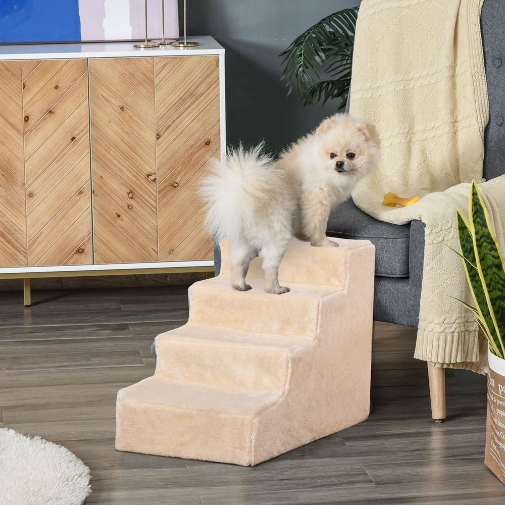 Portable Dog Stairs with Washable Plush Cover, for High Bed Sofa - Beige S0671347285