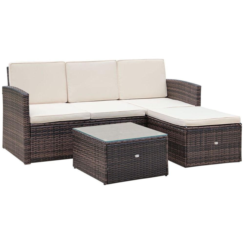 3PC Outdoor Patio Furniture Set Wicker Rattan 3-Seater Sofa Chair Couch Brown S0671114907