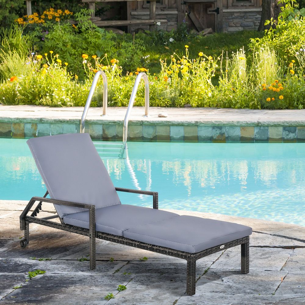 Mixed Grey Rattan Sun Lounger Garden Furniture w/ Adjustable Backrest & Wheels S067941903