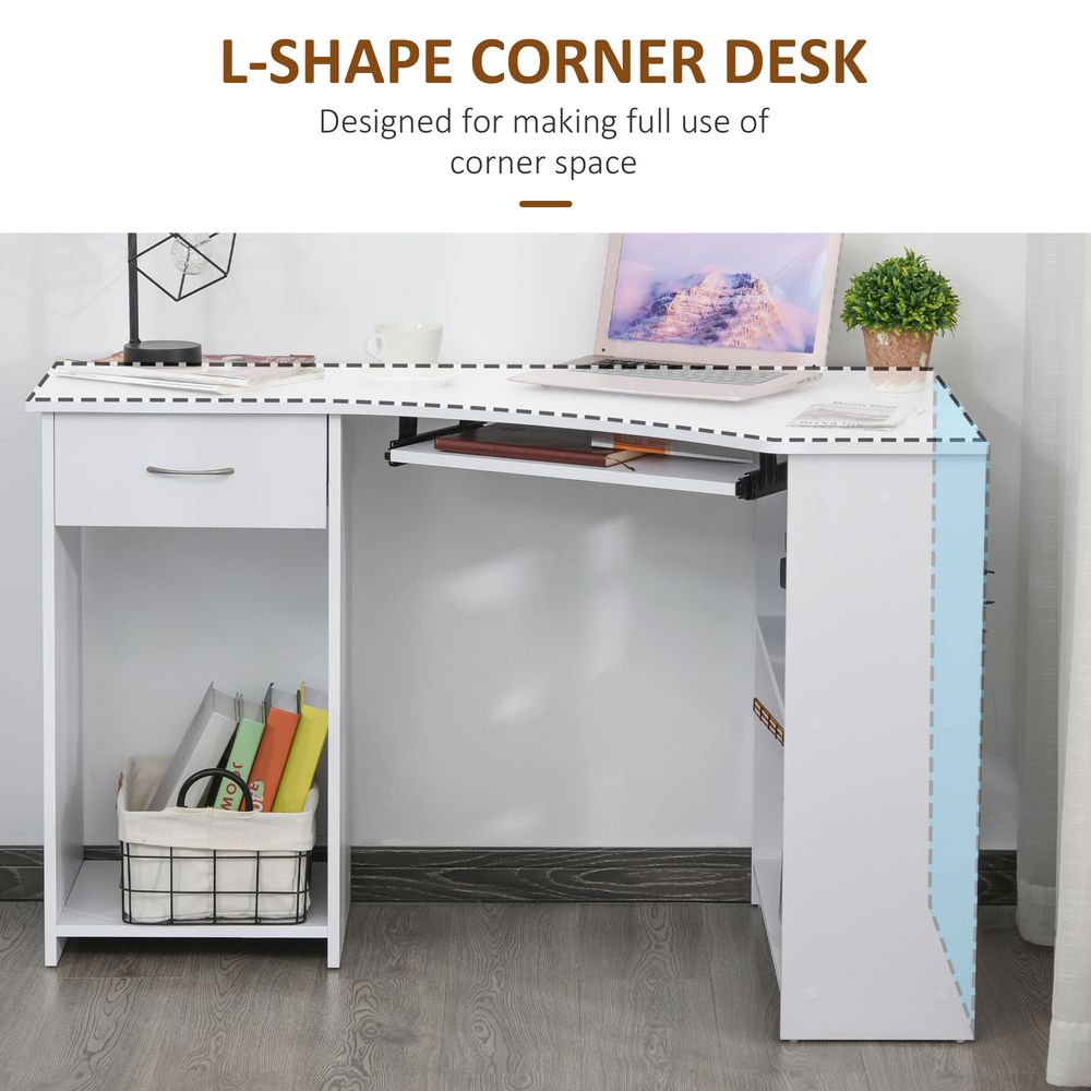 L-Shaped Corner Computer Desk w/ 2 Shelves Worktop Keyboard Tray White S0671079862