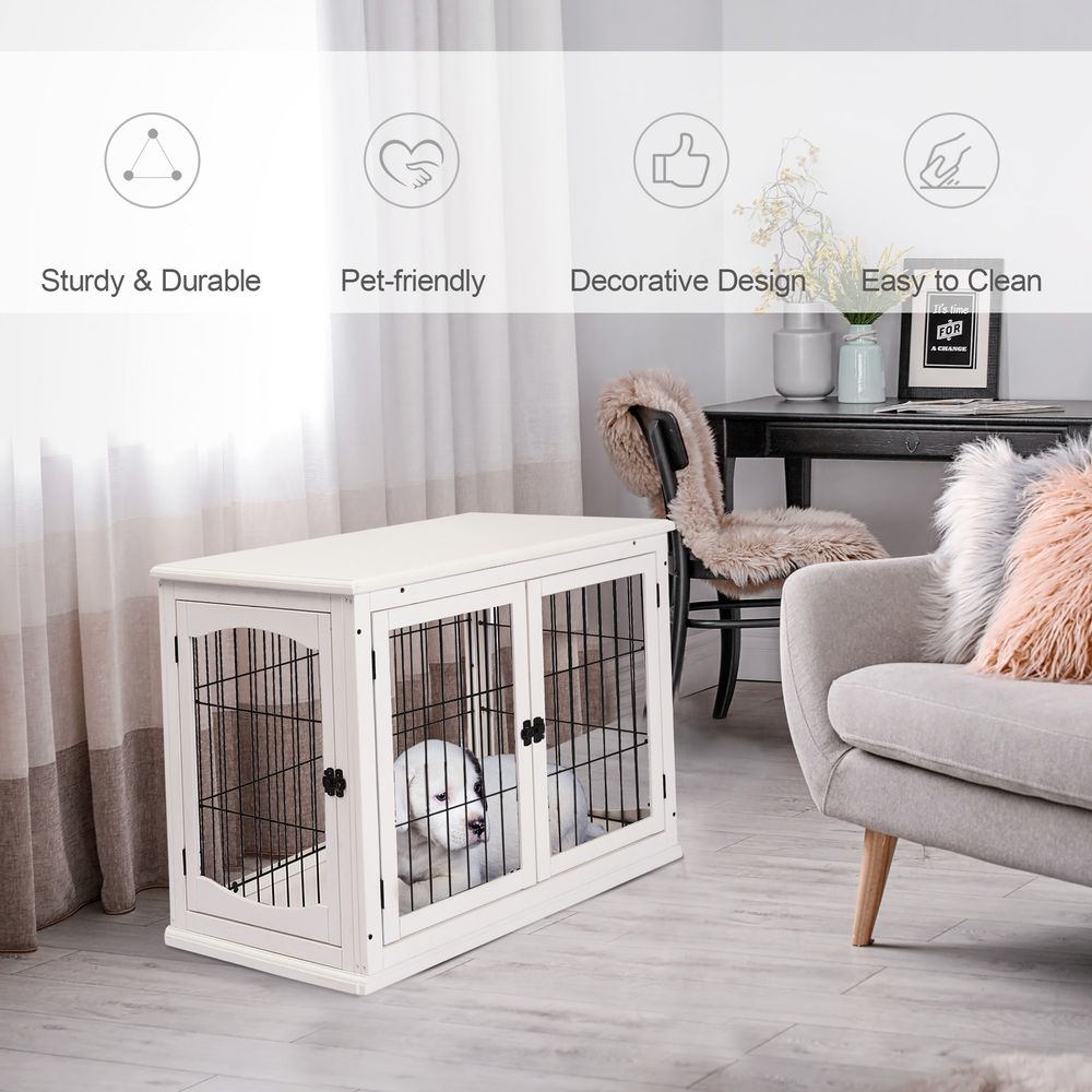 Wooden Dog Crate End Table Pet Puppy Cage w/Metal Wire for Small Dog White S0671071079