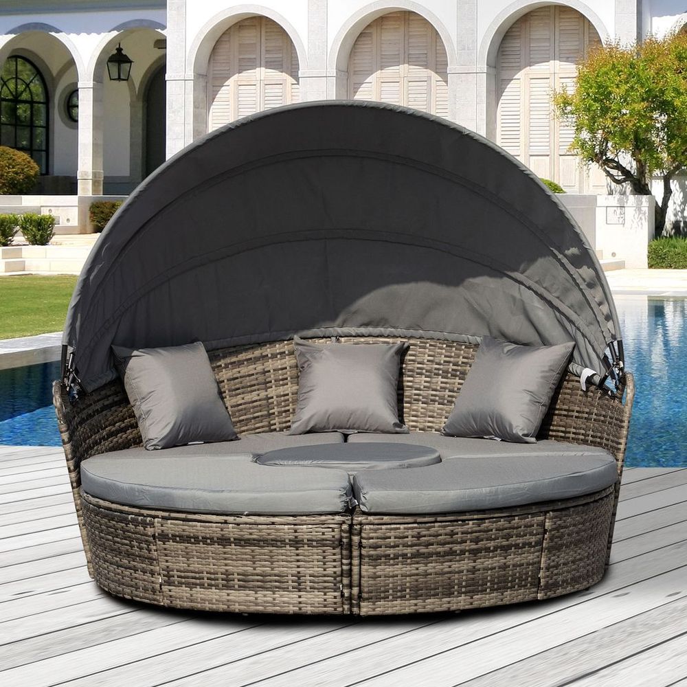 Outsunny 5 PCs Cushioned Outdoor Plastic Rattan Round Sofa Bed Table Set Grey S0671129844