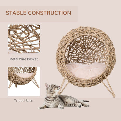 Wicker Cat House, Ball-Shaped Rattan Raised Cat Bed - Natural Wood Finish S0671148972