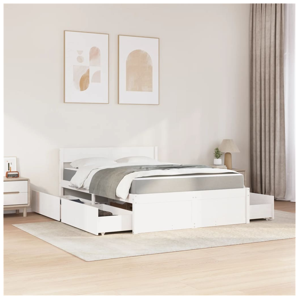 vidaXL Bed with Drawers and Mattress White 140x190 cm Solid Wood Pine S0671489417