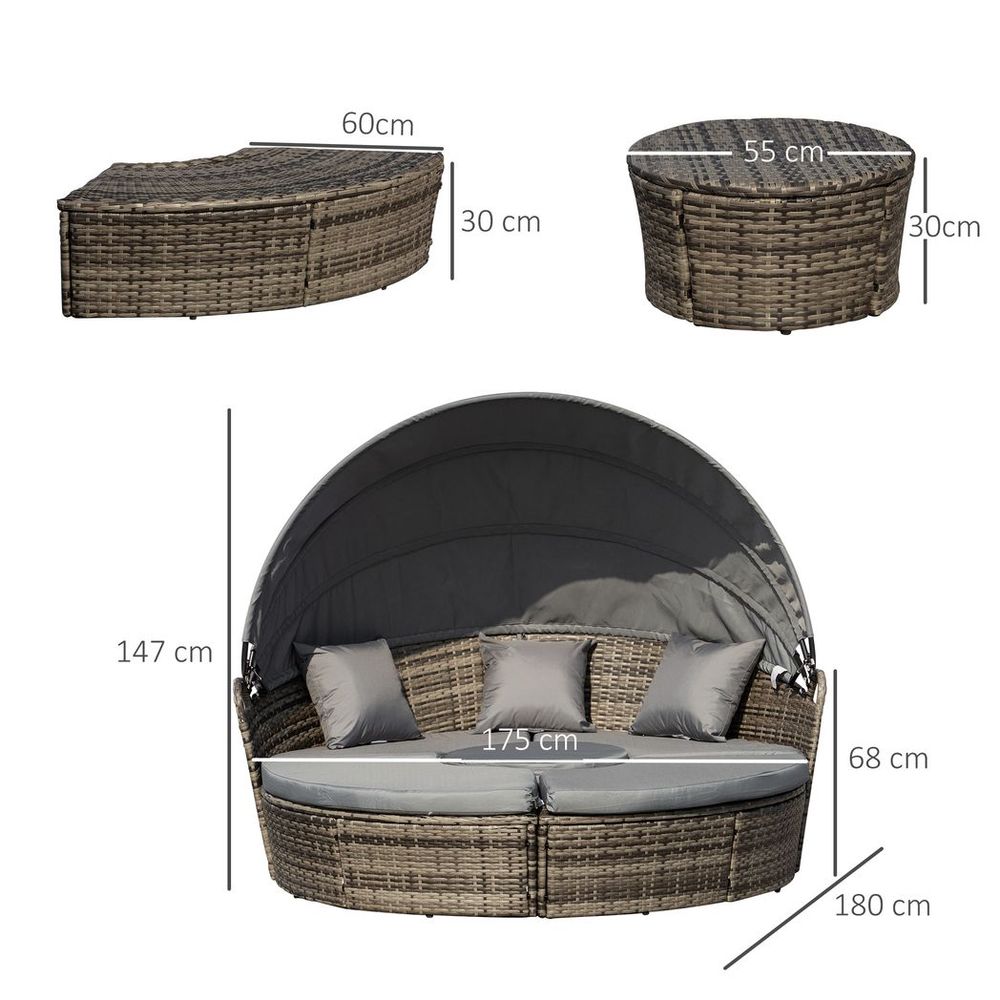 Outsunny 5 PCs Cushioned Outdoor Plastic Rattan Round Sofa Bed Table Set Grey S0671129844