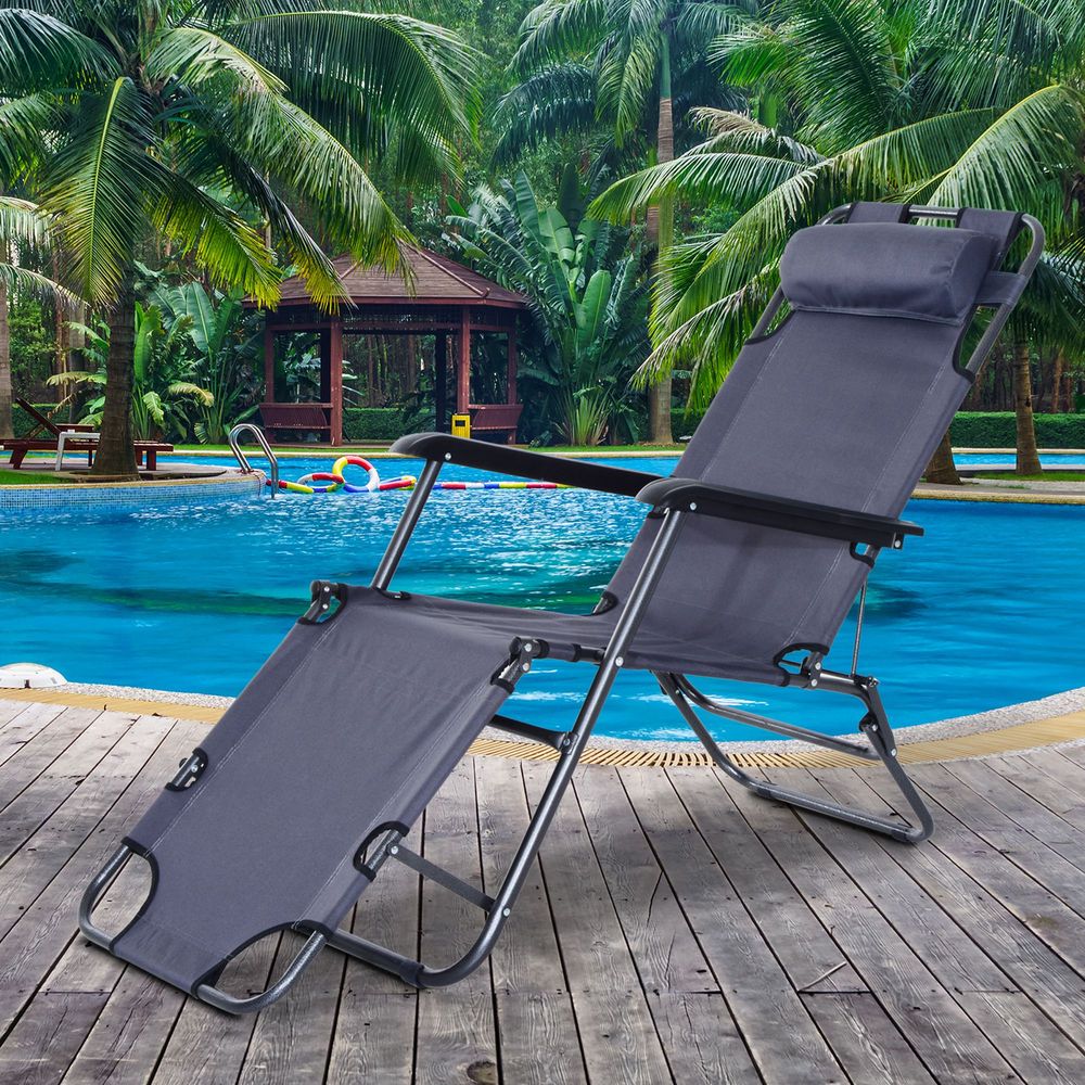 2 in 1 Sun Lounger Folding Reclining Chair Camping Adjustable Back & Pillow V067942378