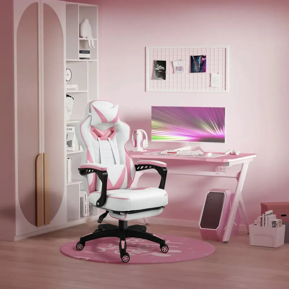 Gaming Chair Ergonomic Reclining w/ Manual Footrest Wheels Stylish Office Pink S0671102969