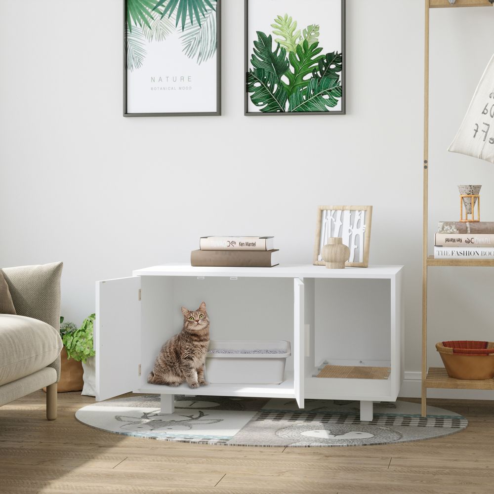 Cat Litter Box Enclosure & House w/ Nightstand/End Table Design, White Pawhut S0671081314