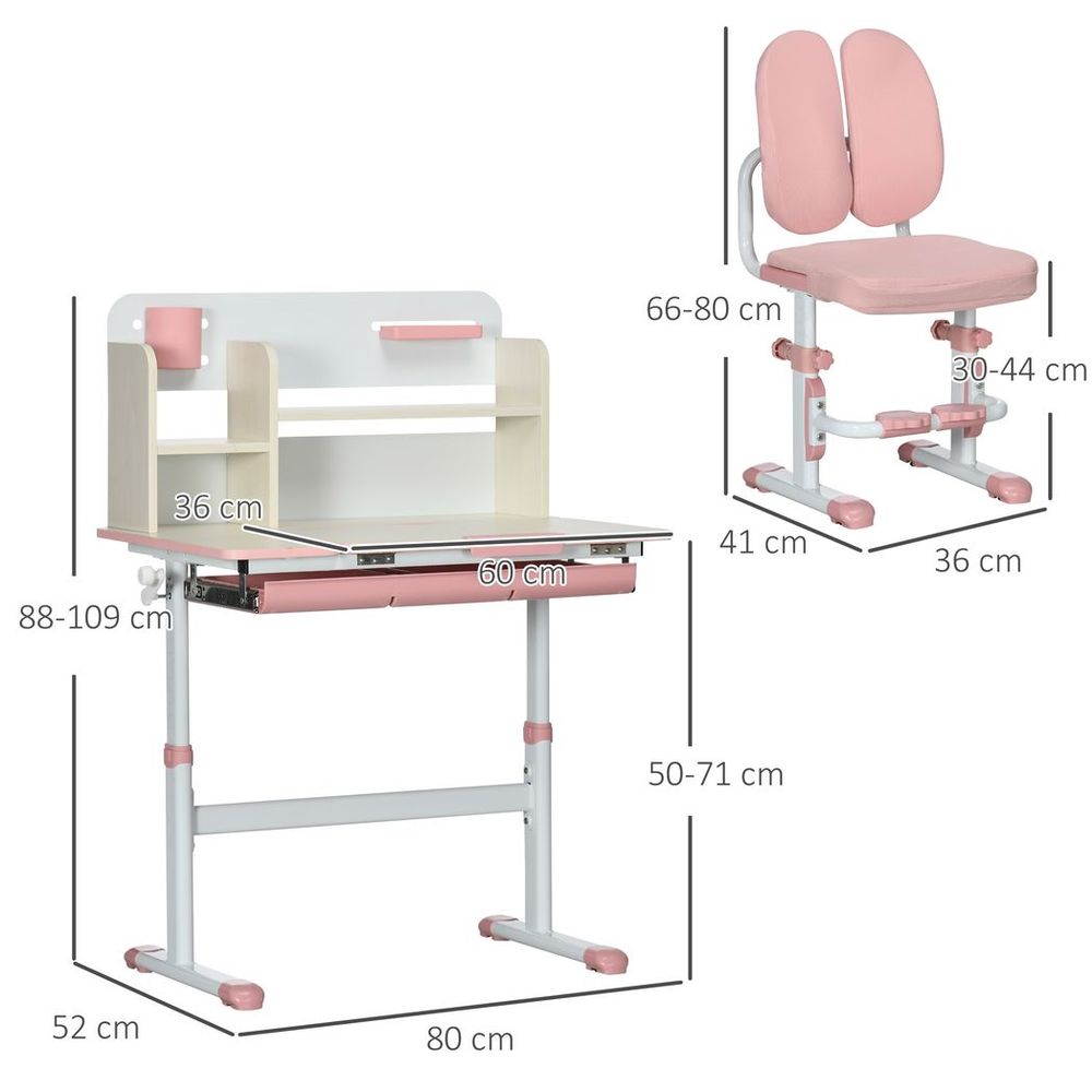 HOMCOM Kids Desk and Chair Set with Storage Shelves, Washable Cover - Pink S0671346545