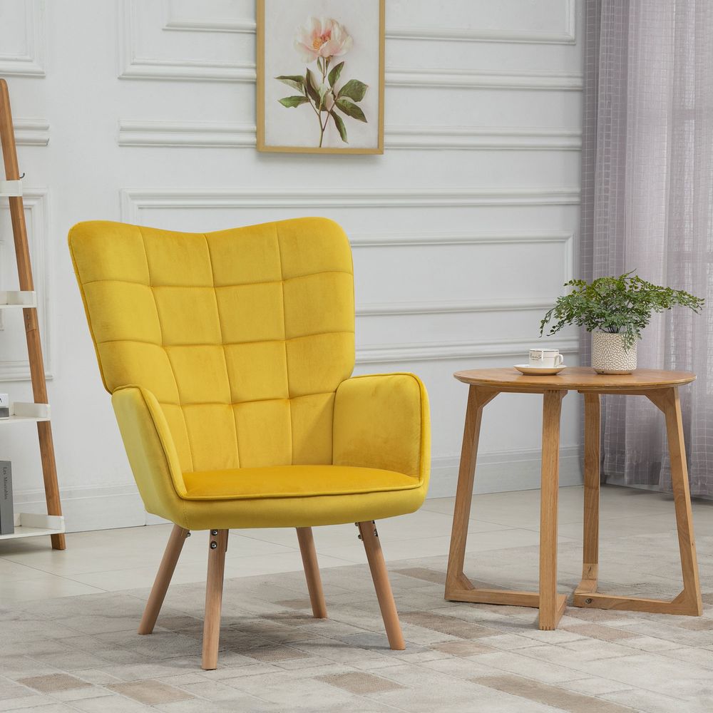 HOMCOM Modern Accent Chair Velvet-Touch Tufted Wingback Armchair, Yellow S0671080106