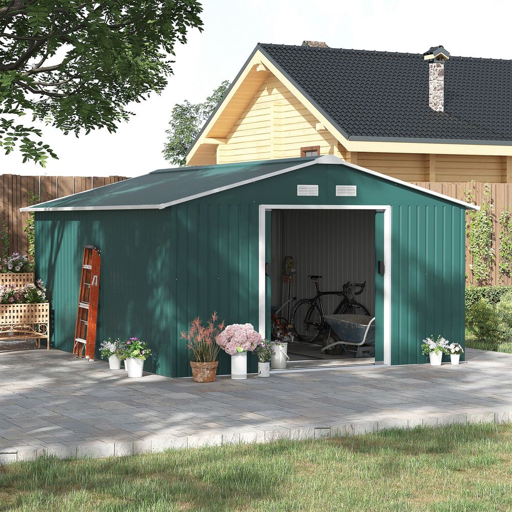 13ft x 11ft Outdoor Roofed Metal Storage Shed Foundation Vent & Doors Green S0671071891